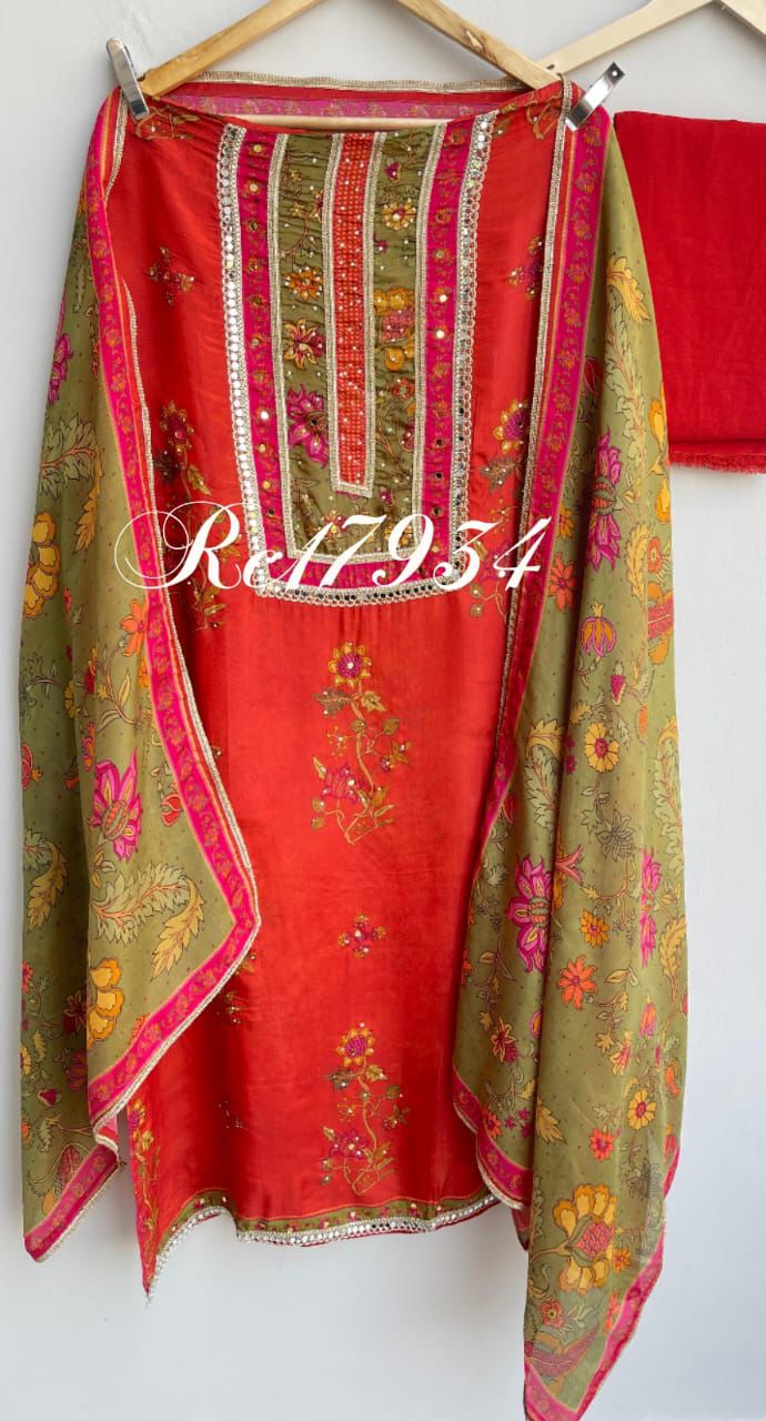 Satin crepe unstitched ladies suit Rc17934 (a)