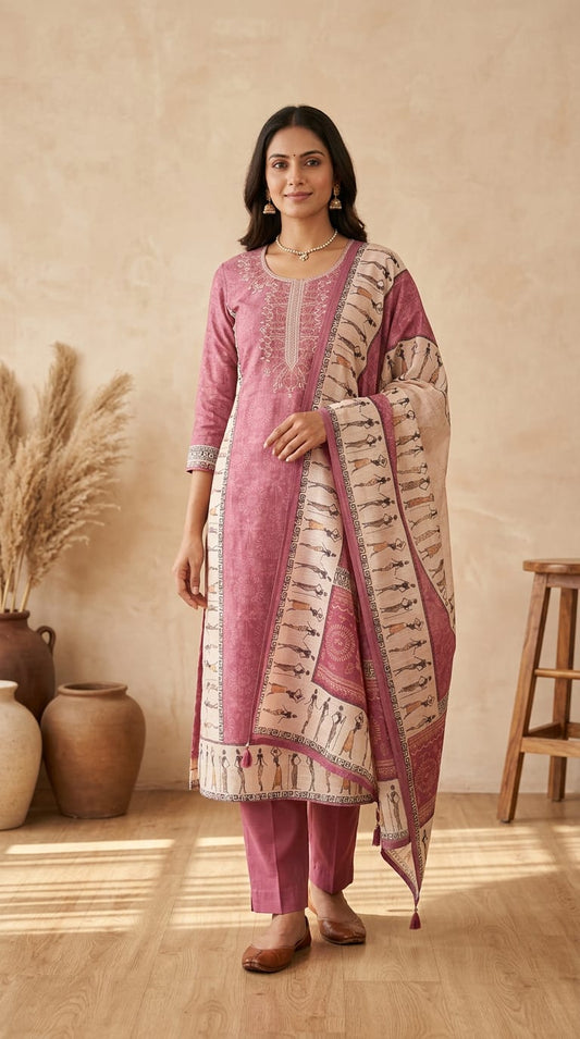 Worli art printed cotton linen unstitched ladies suit