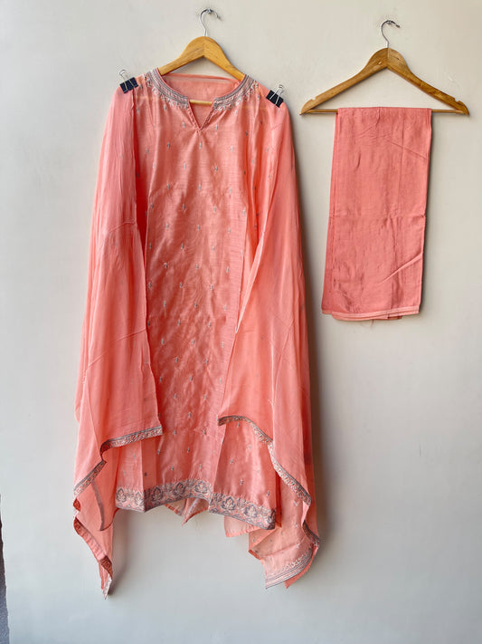 Elegant Mul Chanderi Embroidered Unstitched Suit Set