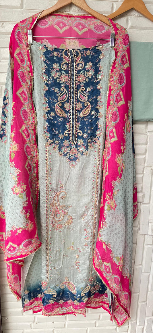 Satin crepe unstitched ladies suit Rc17687