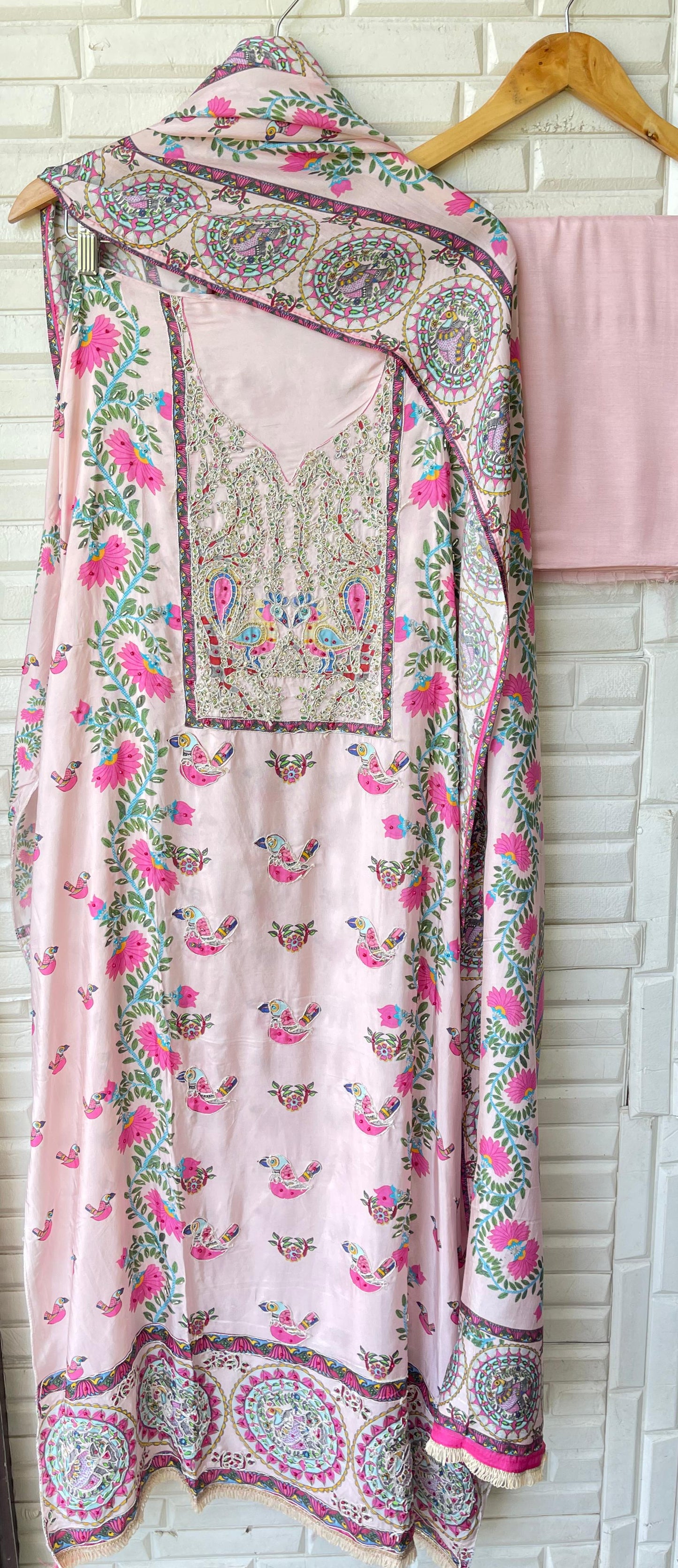 Crape satin unstitched ladies suit Rc17755