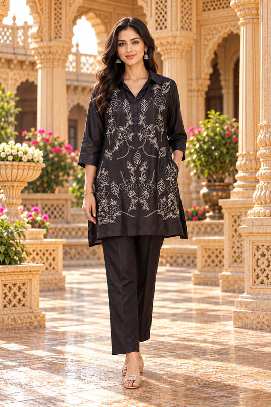 Silk Ready to Wear Black Embroidered Co-ord Set - Architectural Haveli Shoot
