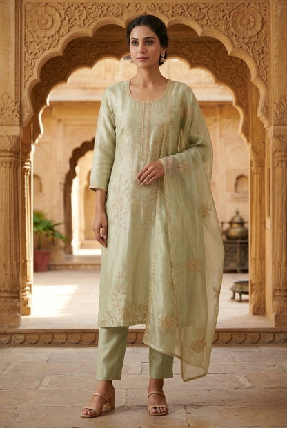 Pure Shimmer Tissue Organza Pita Work Suit - Architectural Haveli Shoot