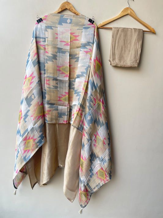 Silk Weaving Unstitched Suit Set with Multicolored Neckline Yoke Detailing