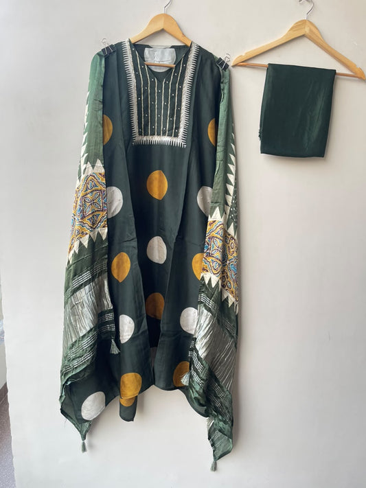 Pure Silk Polka Dots Unstitched Suit Set with Embroidered Neckline & Traditional Border Dupatta