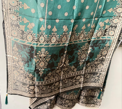 Shimmer Organza Silk Printed Unstitched Suit Set with Mirror Work & Swarowski Highlighting