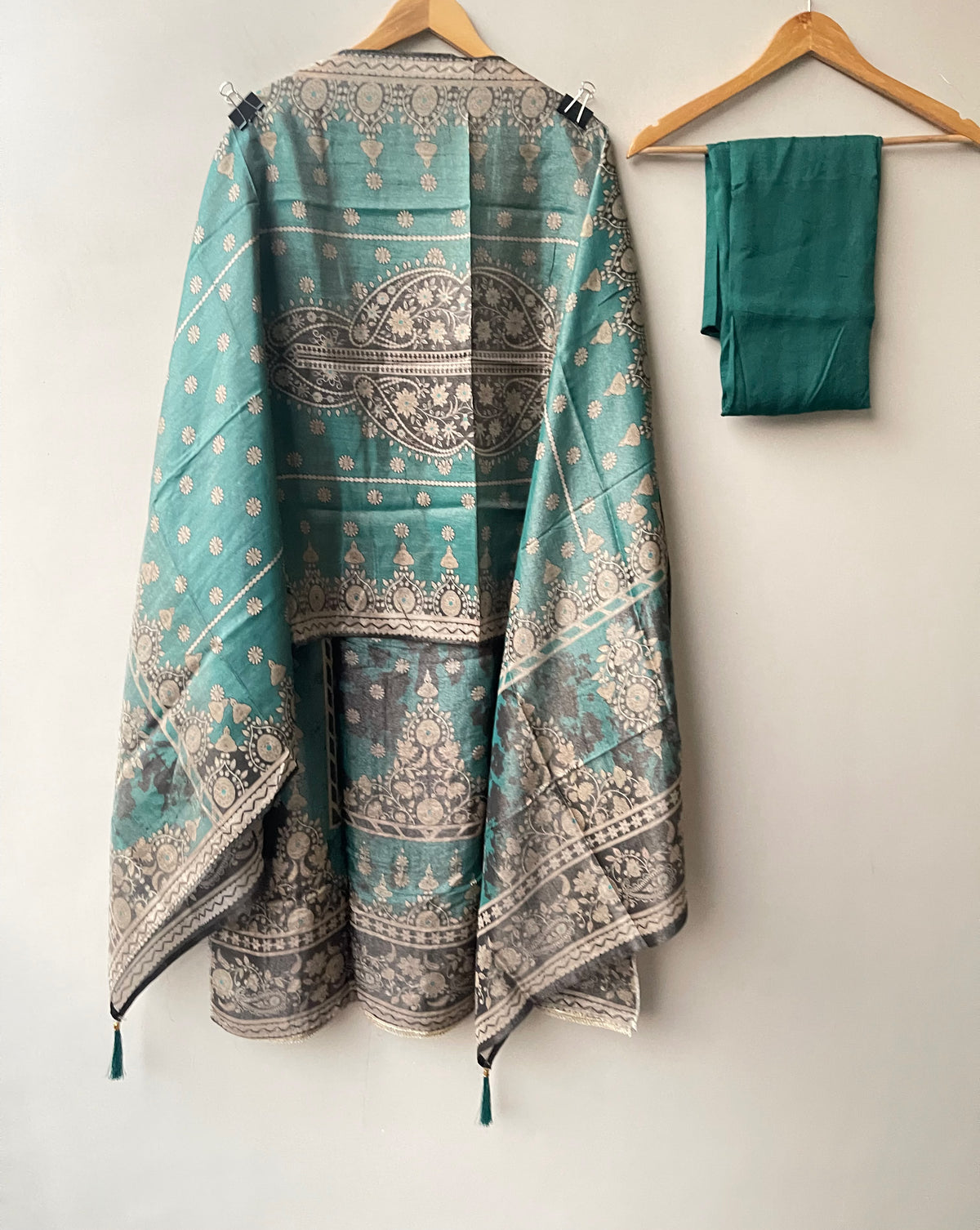 Shimmer Organza Silk Printed Unstitched Suit Set with Mirror Work & Swarowski Highlighting