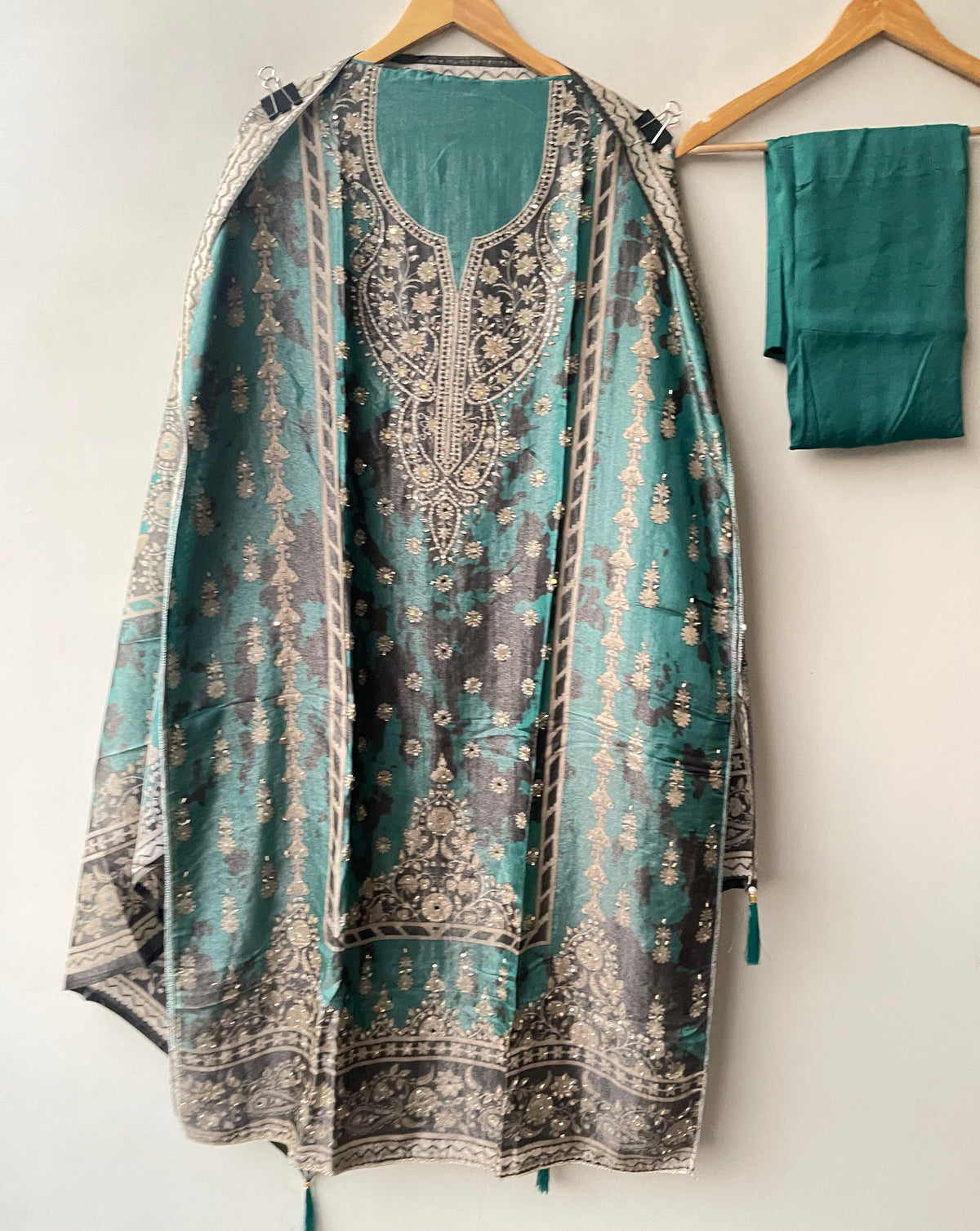 Shimmer Organza Silk Printed Unstitched Suit Set with Mirror Work & Swarowski Highlighting