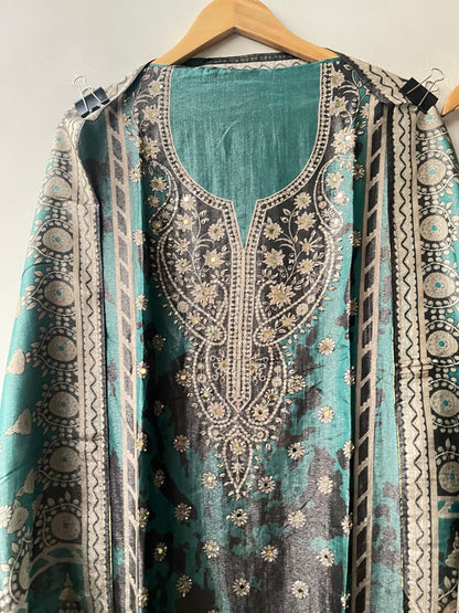 Shimmer Organza Silk Printed Unstitched Suit Set with Mirror Work & Swarowski Highlighting
