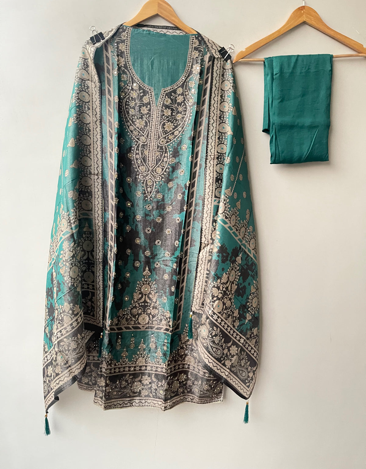 Shimmer Organza Silk Printed Unstitched Suit Set with Mirror Work & Swarowski Highlighting