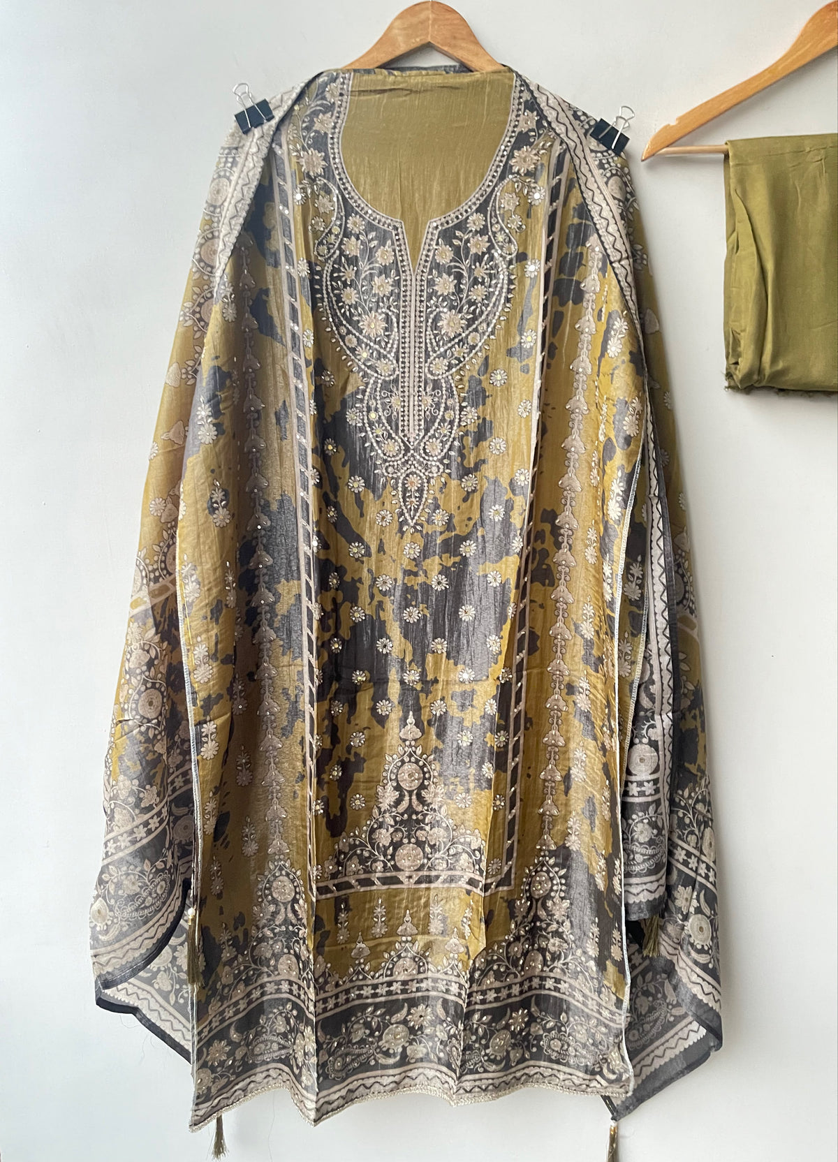 Shimmer Organza Silk Printed Unstitched Suit Set with Mirror Work & Swarowski Highlighting