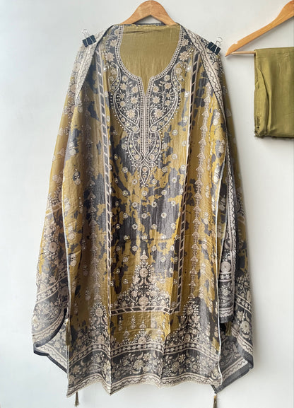 Shimmer Organza Silk Printed Unstitched Suit Set with Mirror Work & Swarowski Highlighting