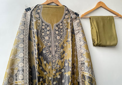 Shimmer Organza Silk Printed Unstitched Suit Set with Mirror Work & Swarowski Highlighting
