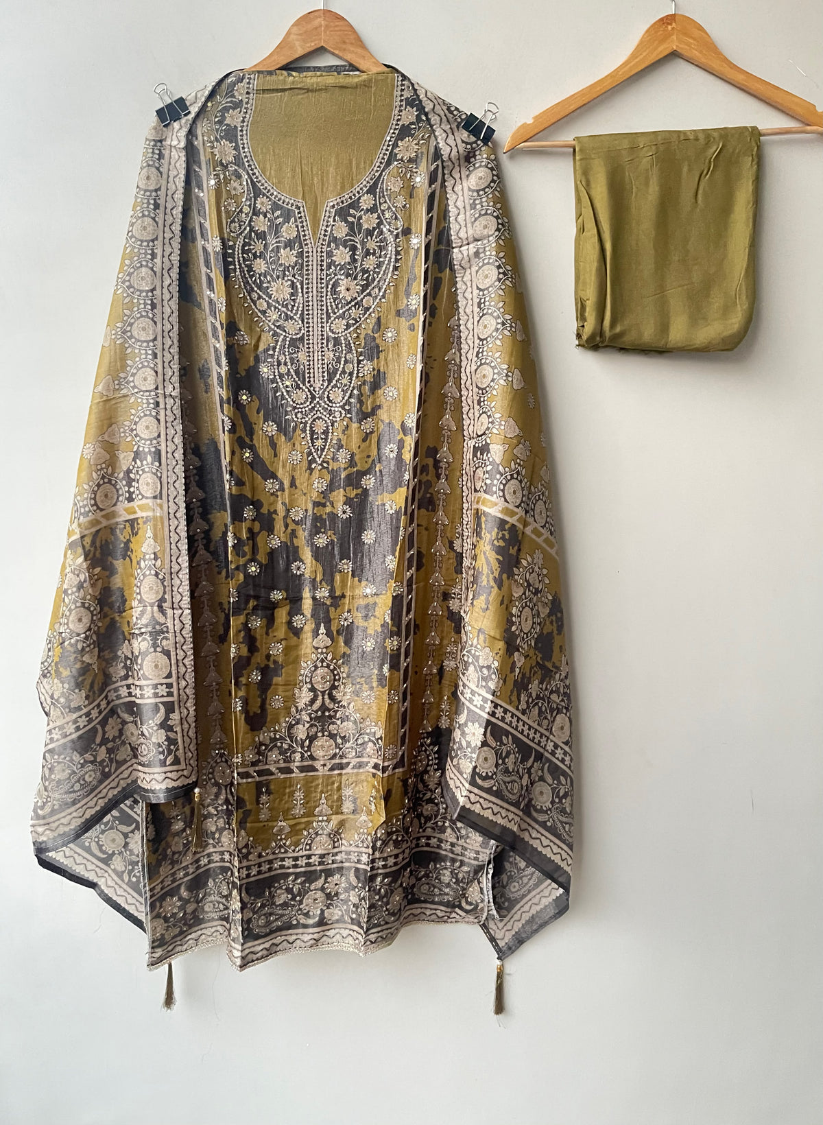 Shimmer Organza Silk Printed Unstitched Suit Set with Mirror Work & Swarowski Highlighting