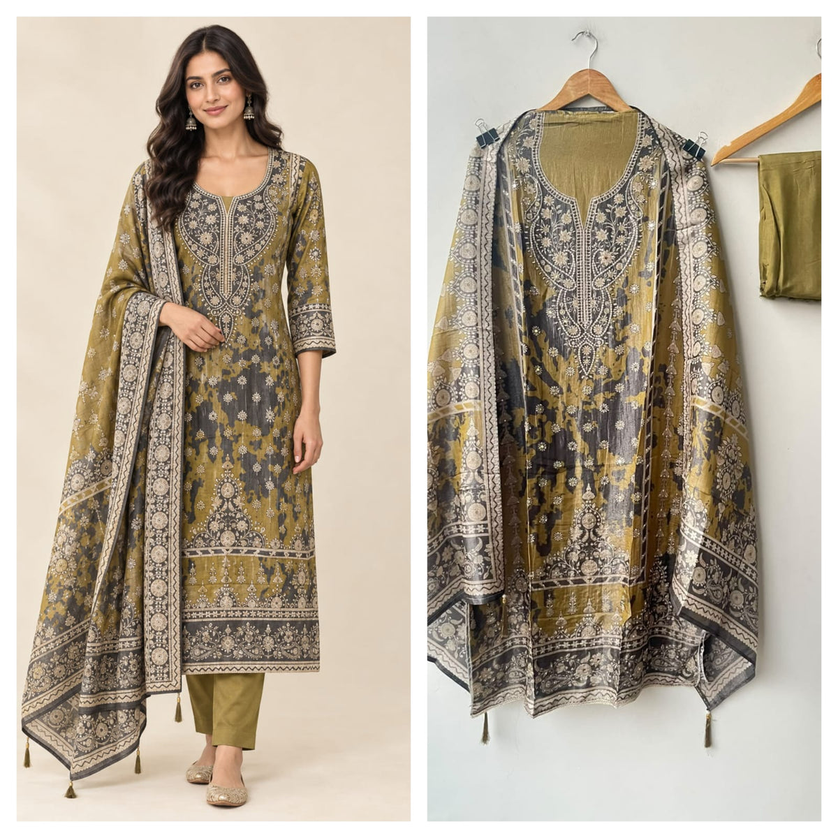 Shimmer Organza Silk Printed Unstitched Suit Set with Mirror Work & Swarowski Highlighting