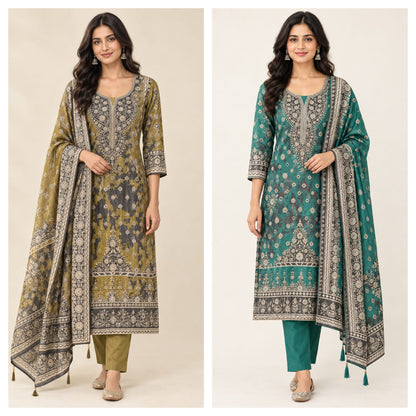 Shimmer Organza Silk Printed Unstitched Suit Set with Mirror Work & Swarowski Highlighting