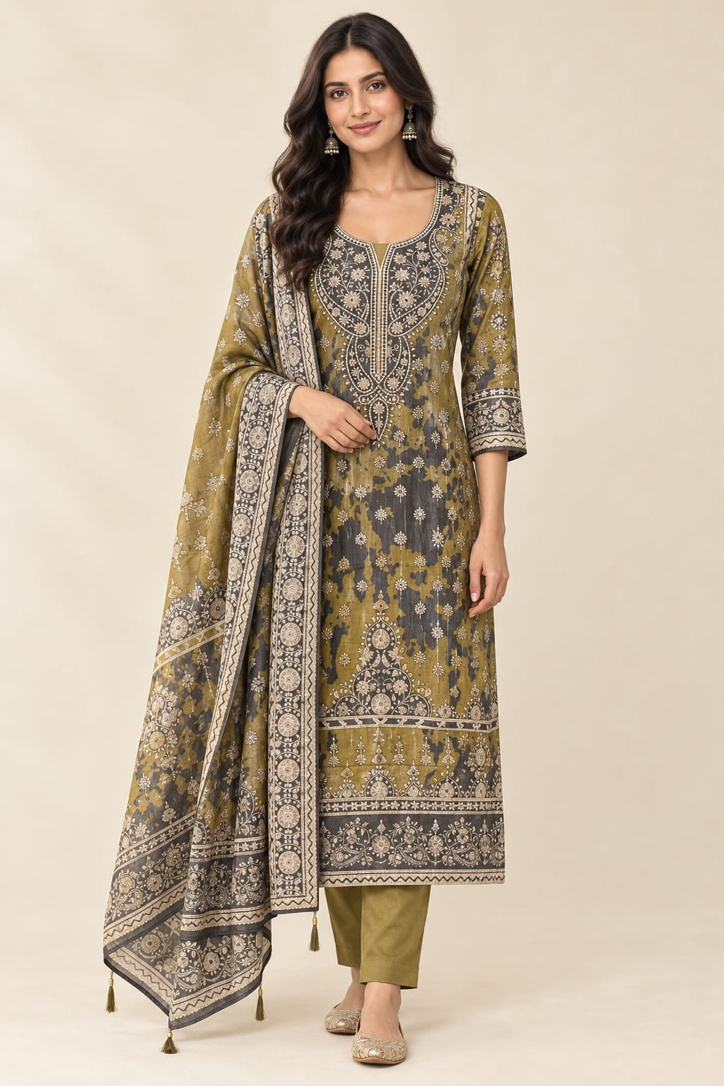 Shimmer Organza Silk Printed Unstitched Suit Set with Mirror Work & Swarowski Highlighting