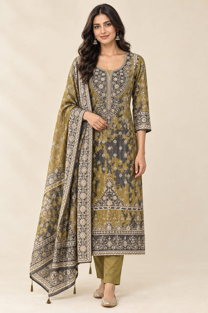 Shimmer Organza Silk Printed Unstitched Suit Set with Mirror Work & Swarowski Highlighting