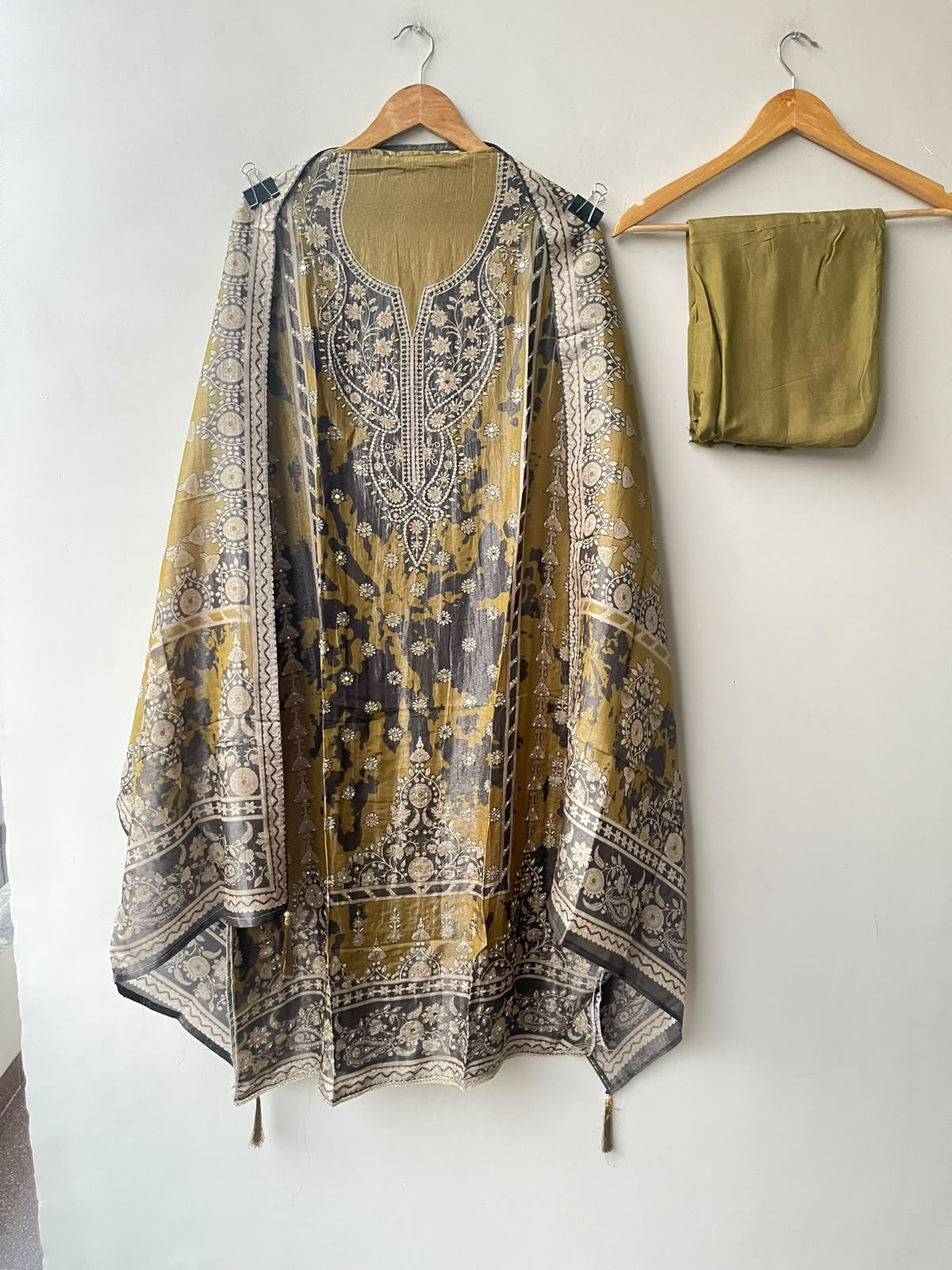 Shimmer Organza Silk Printed Unstitched Suit Set with Mirror Work & Swarowski Highlighting