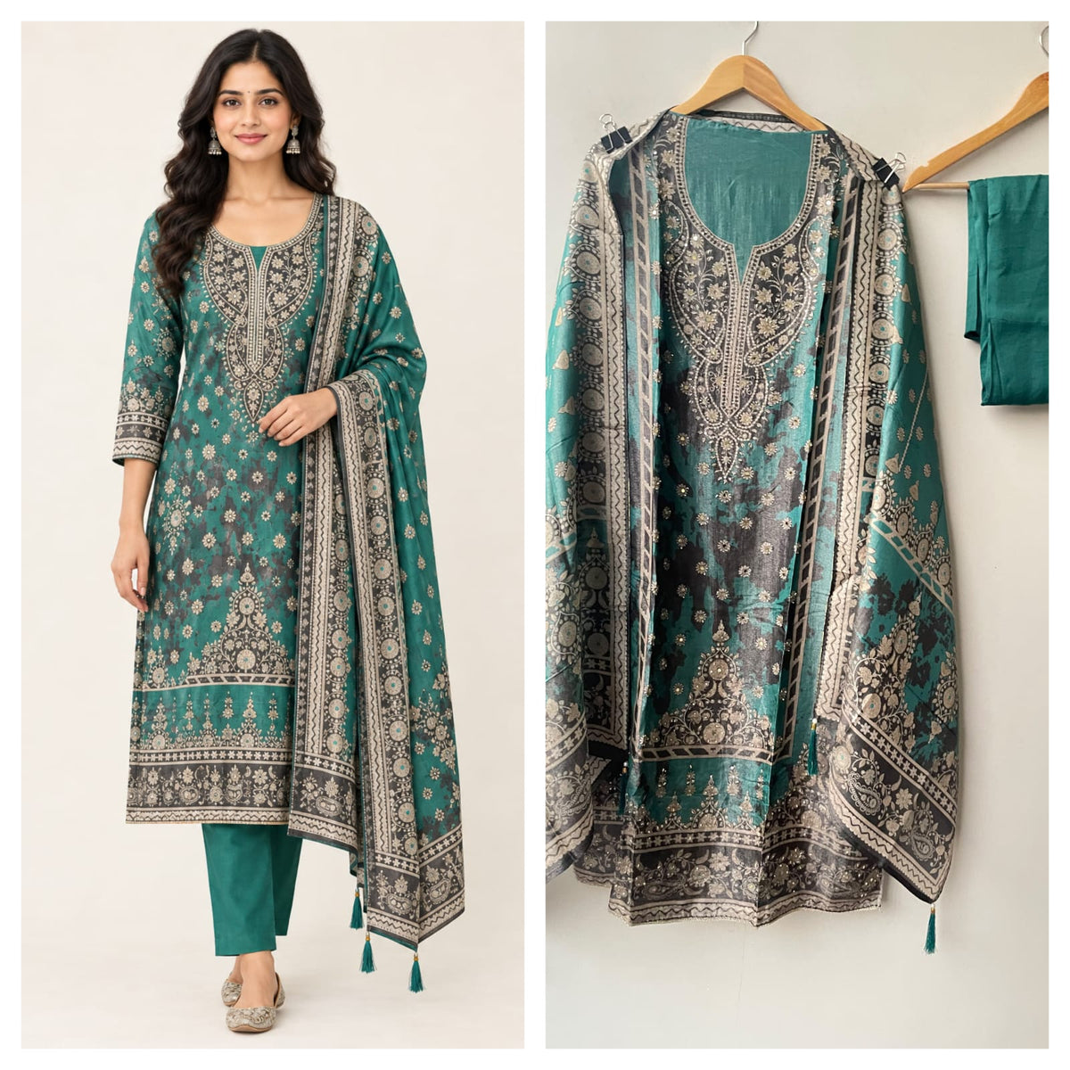 Shimmer Organza Silk Printed Unstitched Suit Set with Mirror Work & Swarowski Highlighting