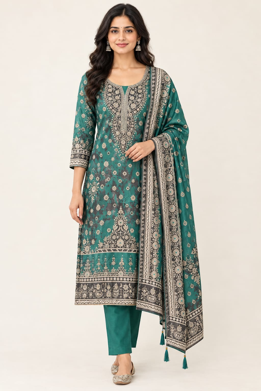 Shimmer Organza Silk Printed Unstitched Suit Set with Mirror Work & Swarowski Highlighting