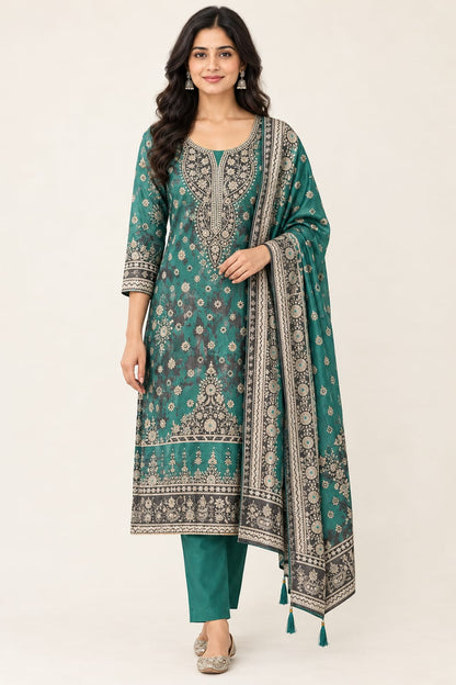 Shimmer Organza Silk Printed Unstitched Suit Set with Mirror Work & Swarowski Highlighting