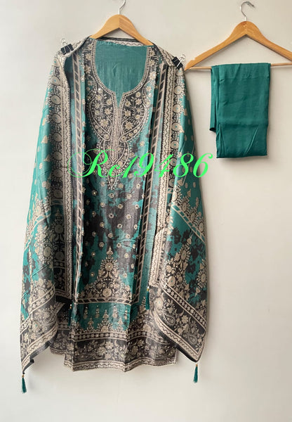 Shimmer Organza Silk Printed Unstitched Suit Set with Mirror Work & Swarowski Highlighting