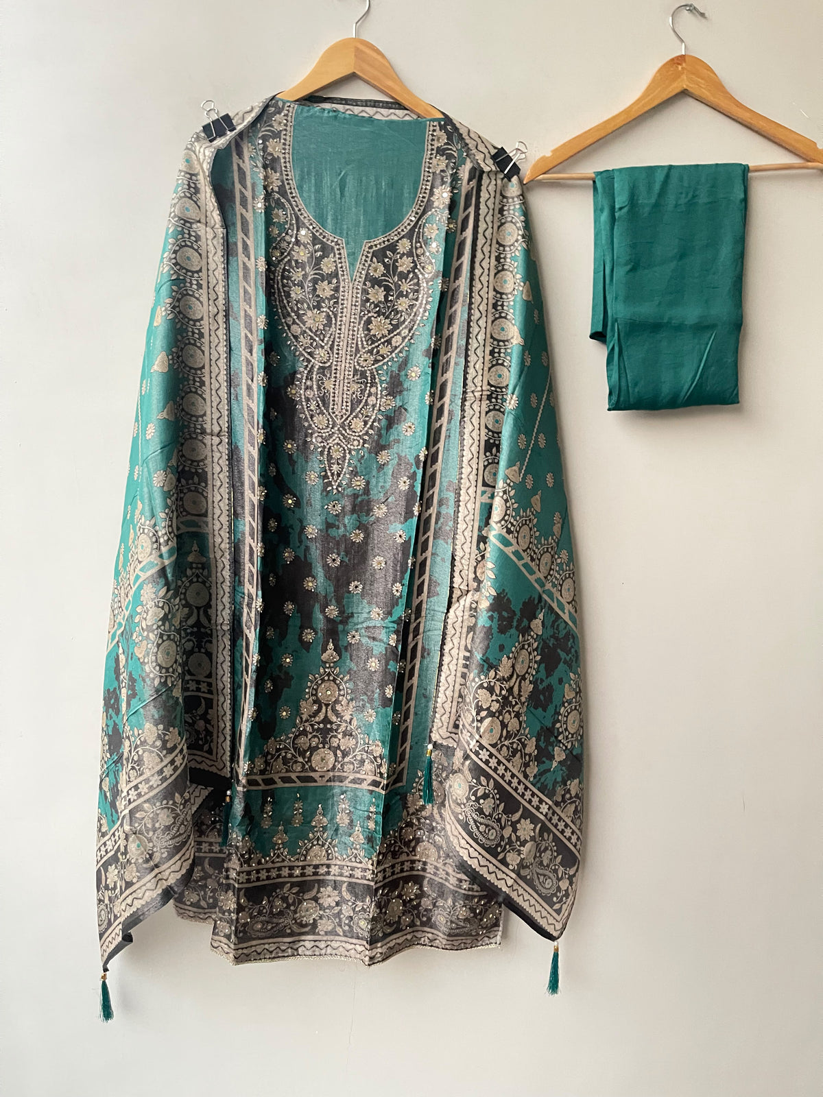Shimmer Organza Silk Printed Unstitched Suit Set with Mirror Work & Swarowski Highlighting