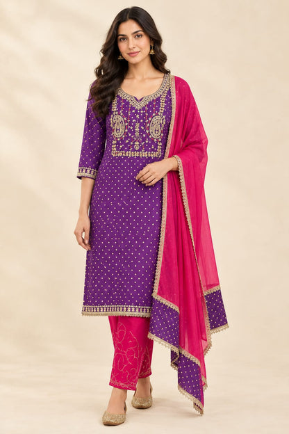 Pure Banarasi Silk Woven Unstitched Suit Set with Cutdana Pearl Work (Karwachauth Special)