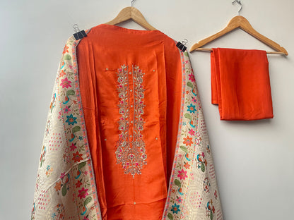 Pure Silk Unstitched Suit Set with Dabka Zari Embroidery & Banarasi Dupatta