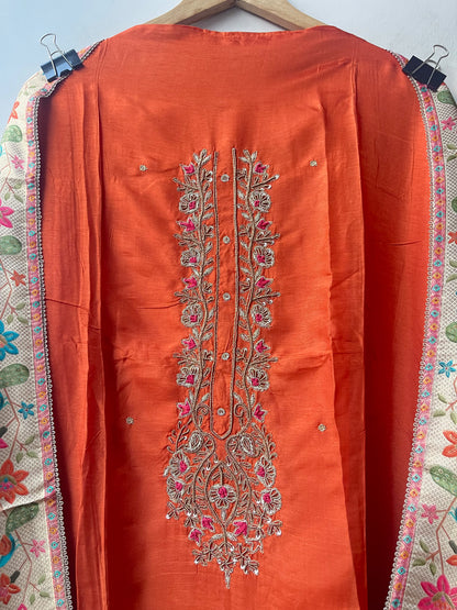 Pure Silk Unstitched Suit Set with Dabka Zari Embroidery & Banarasi Dupatta