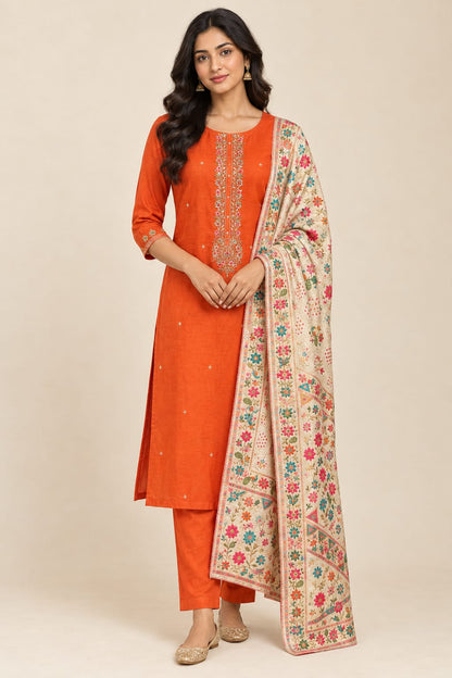 Pure Silk Unstitched Suit Set with Dabka Zari Embroidery & Banarasi Dupatta