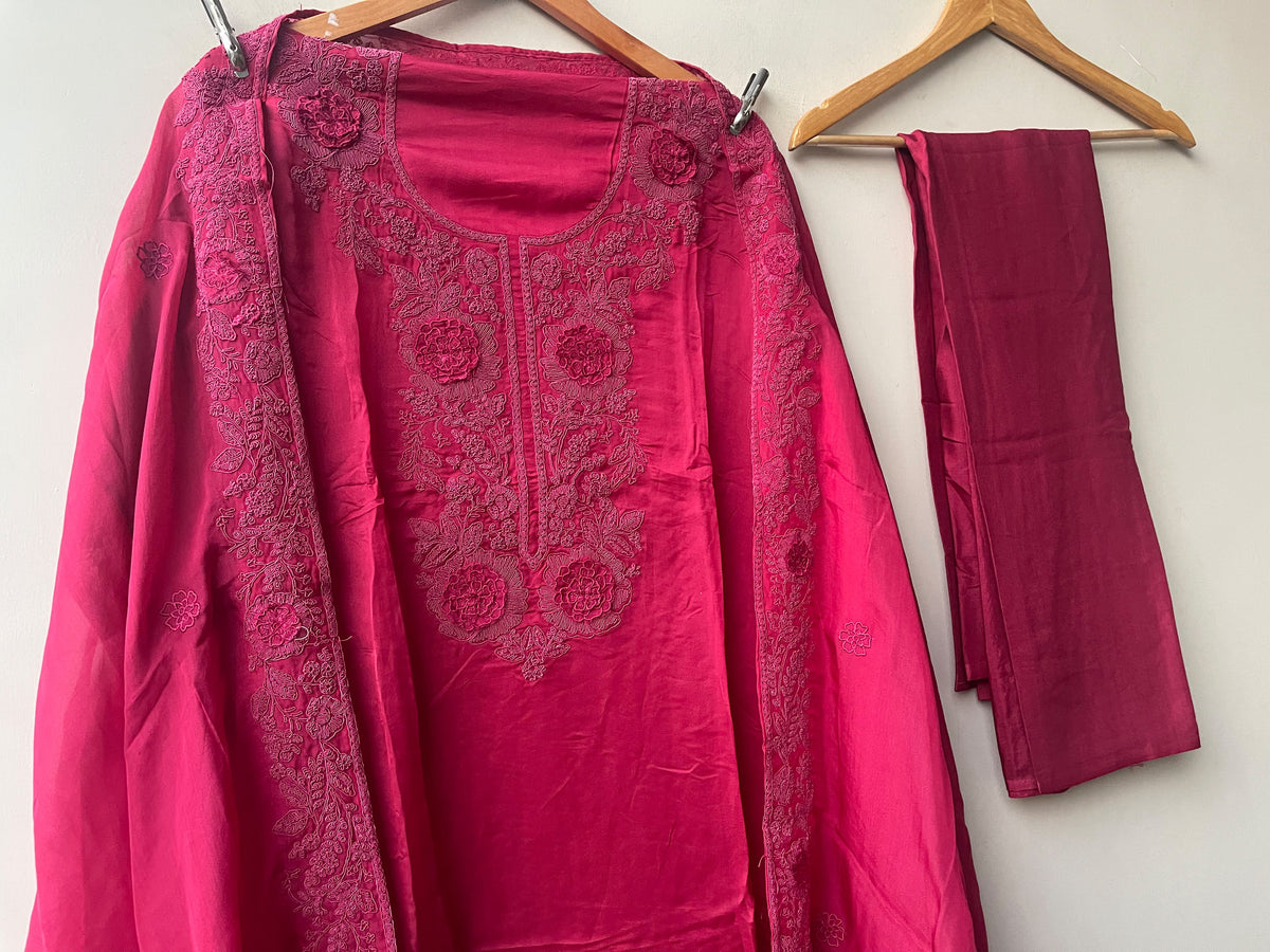 Organza Tuile Unstitched Suit Set with Resham Dori 3D Flowers Embroidery