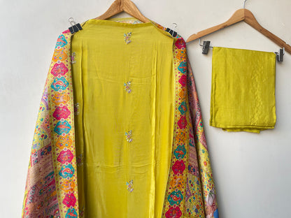 Pure Satin Crepe Unstitched Suit with Resham Zari Pearl Kutdanna & Banarasi Silk Dupatta