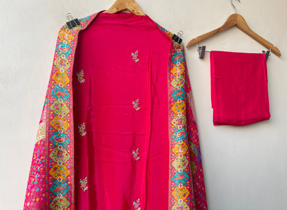 Pure Satin Crepe Unstitched Suit with Resham Zari Pearl Kutdanna & Banarasi Silk Dupatta