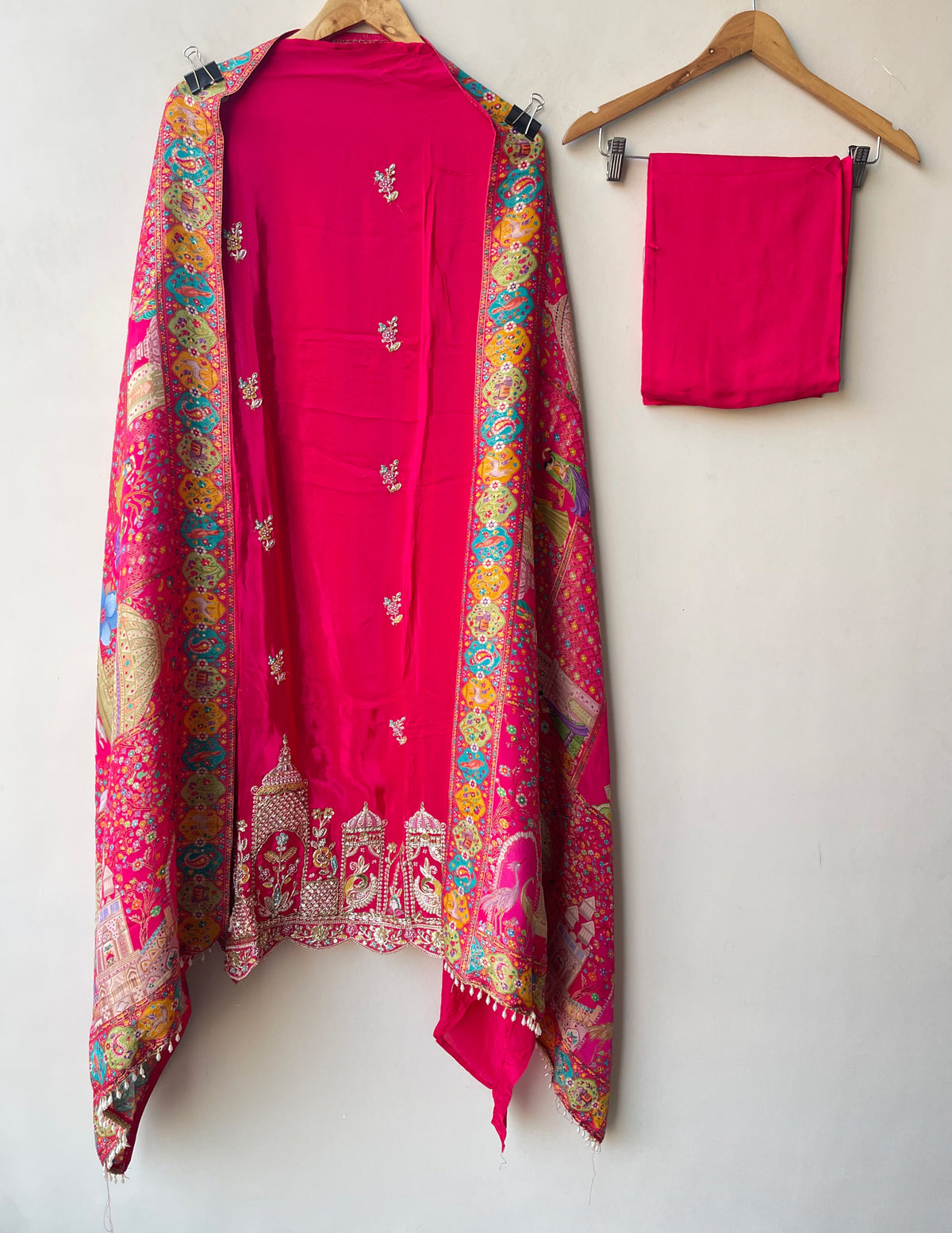 Pure Satin Crepe Unstitched Suit with Resham Zari Pearl Kutdanna & Banarasi Silk Dupatta
