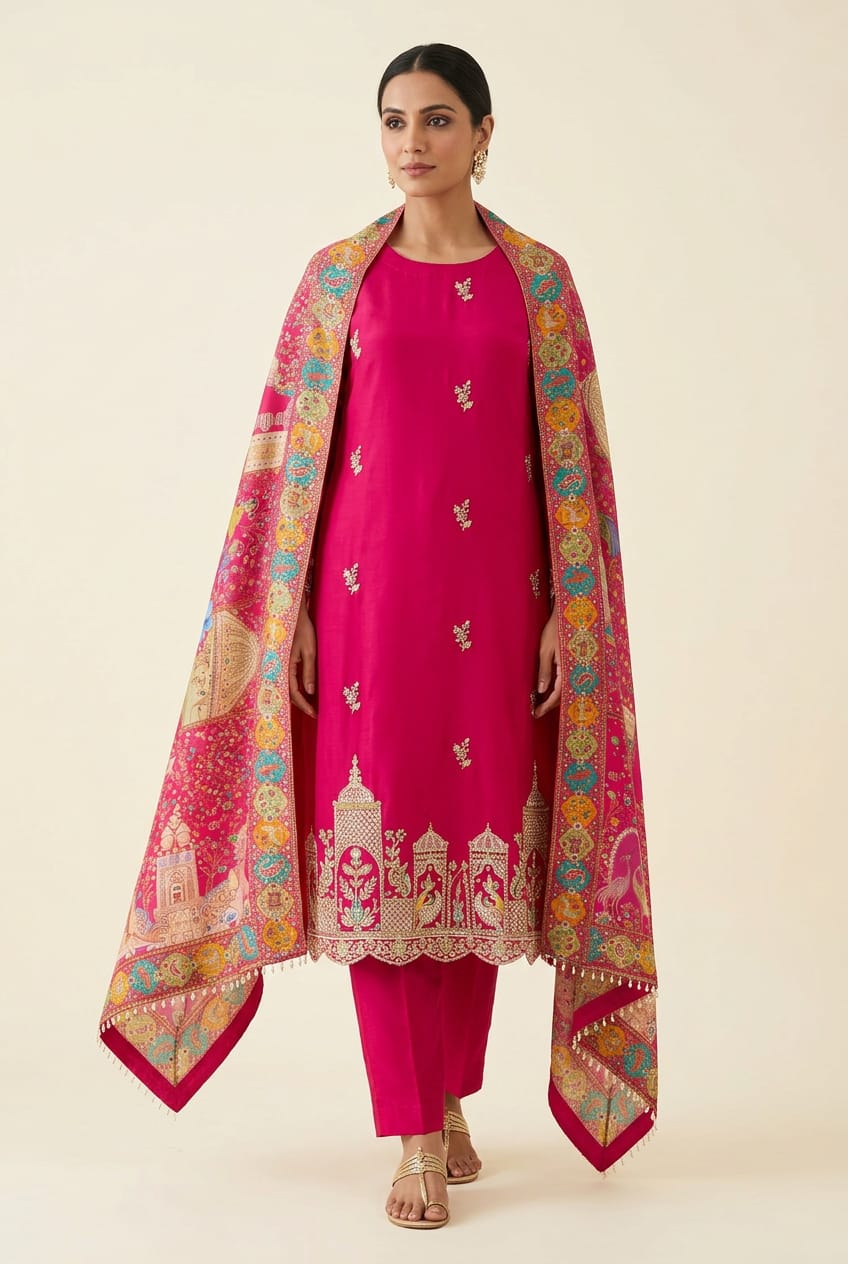Pure Satin Crepe Unstitched Suit with Resham Zari Pearl Kutdanna & Banarasi Silk Dupatta