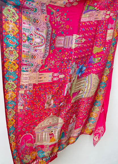 Pure Satin Crepe Unstitched Suit with Resham Zari Pearl Kutdanna & Banarasi Silk Dupatta