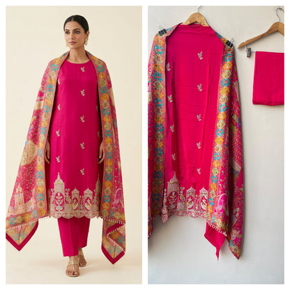 Pure Satin Crepe Unstitched Suit with Resham Zari Pearl Kutdanna & Banarasi Silk Dupatta