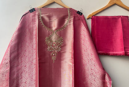 Pure Self Giraffe Silk Unstitched Suit Set with Dabka Kutdanna Embroidery