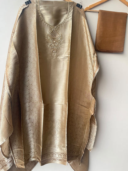 Pure Self Giraffe Silk Unstitched Suit Set with Dabka Kutdanna Embroidery