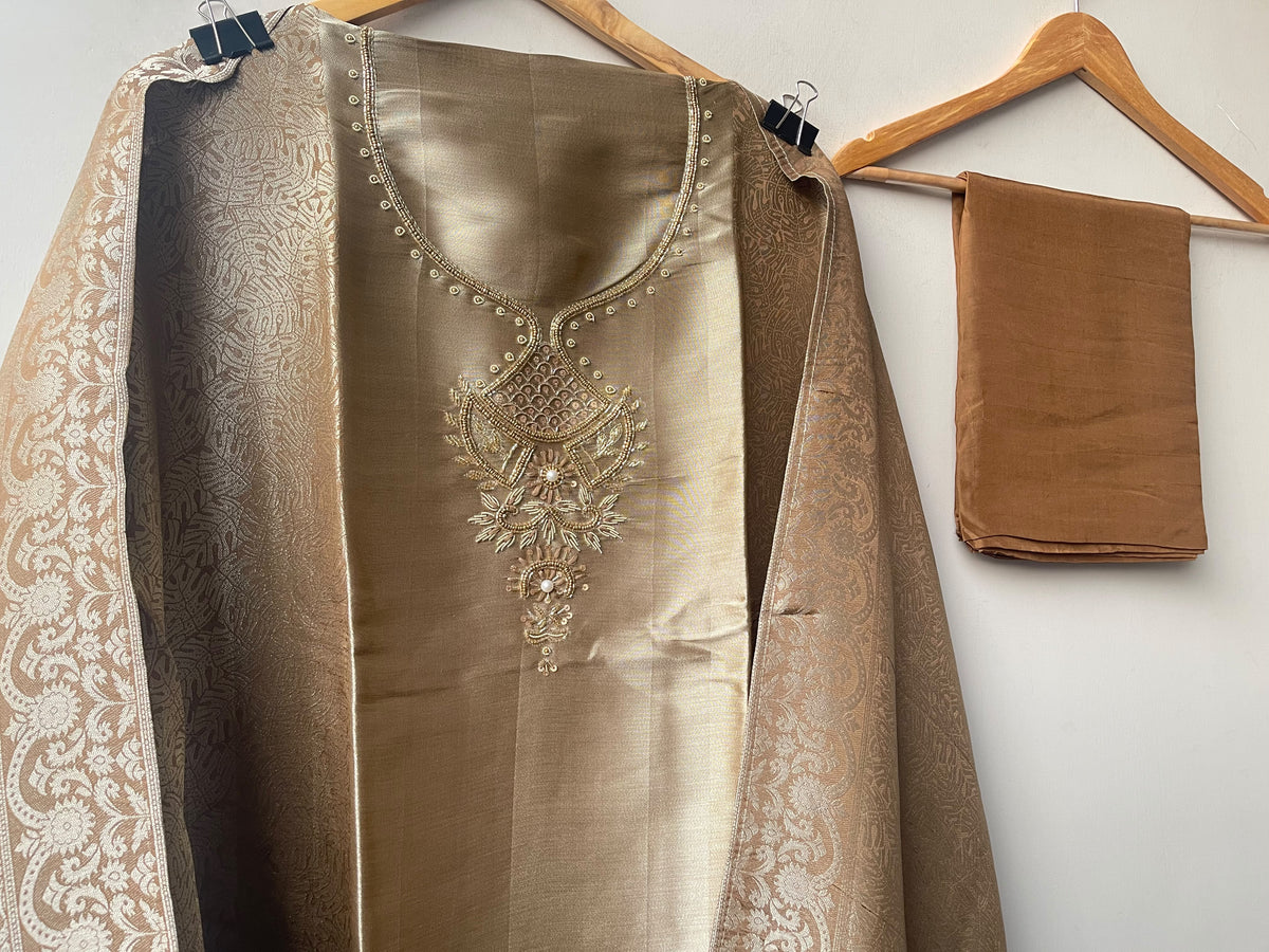 Pure Self Giraffe Silk Unstitched Suit Set with Dabka Kutdanna Embroidery