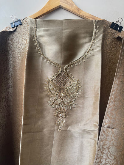 Pure Self Giraffe Silk Unstitched Suit Set with Dabka Kutdanna Embroidery