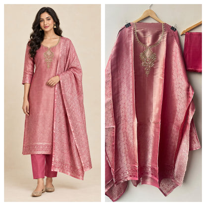 Pure Self Giraffe Silk Unstitched Suit Set with Dabka Kutdanna Embroidery