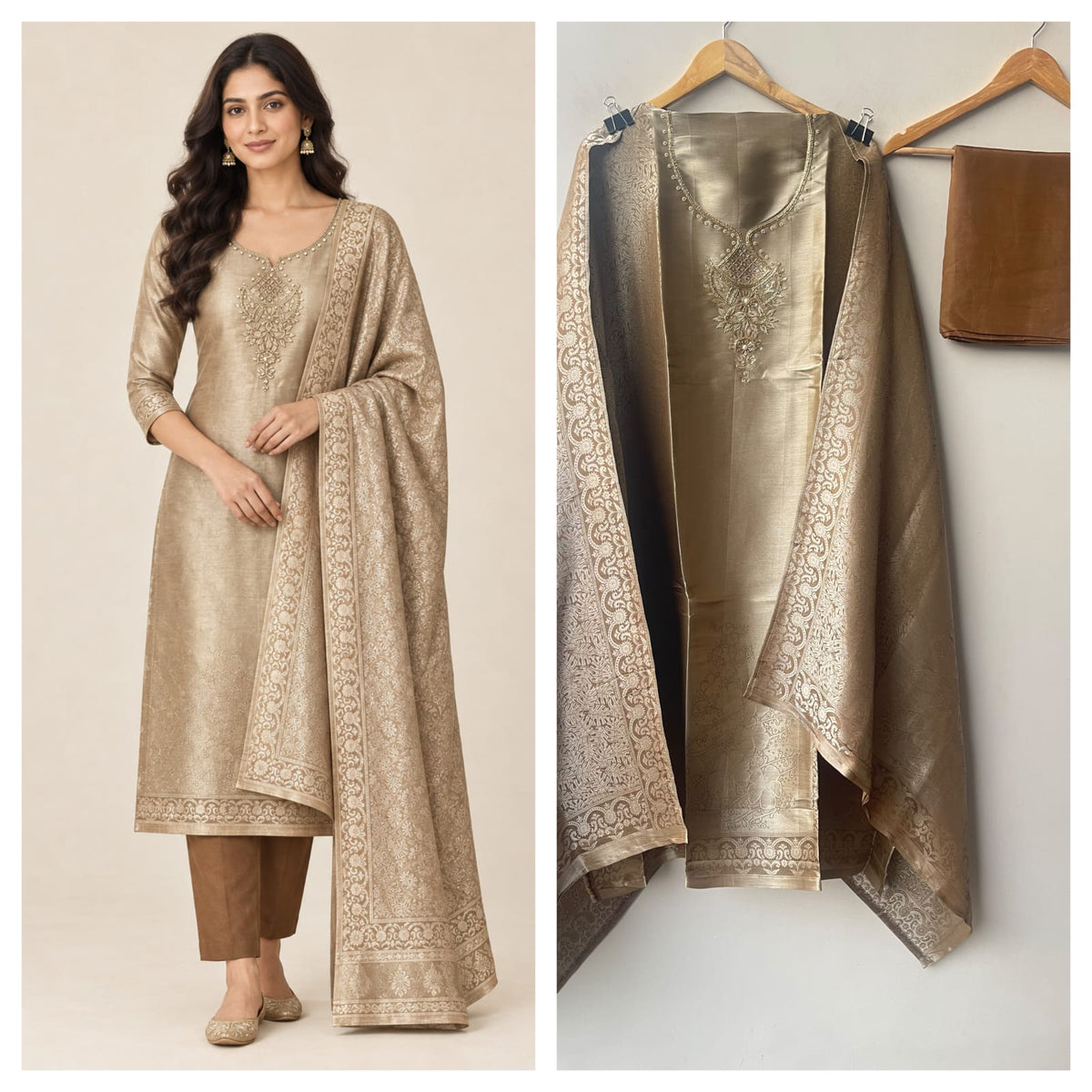 Pure Self Giraffe Silk Unstitched Suit Set with Dabka Kutdanna Embroidery
