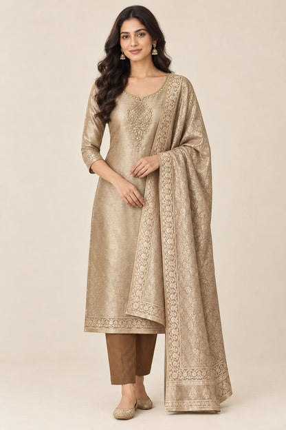 Pure Self Giraffe Silk Unstitched Suit Set with Dabka Kutdanna Embroidery