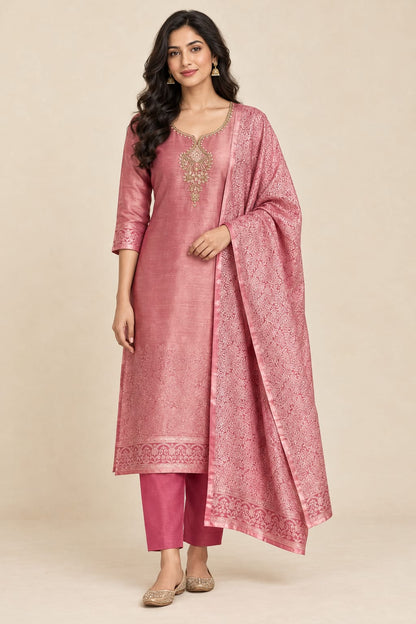 Pure Self Giraffe Silk Unstitched Suit Set with Dabka Kutdanna Embroidery