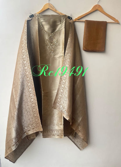 Pure Self Giraffe Silk Unstitched Suit Set with Dabka Kutdanna Embroidery