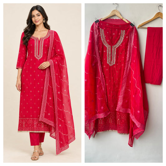 Karwachauth Special Organza Unstitched Suit with Kundan Dabka Work & Scalped Dupatta