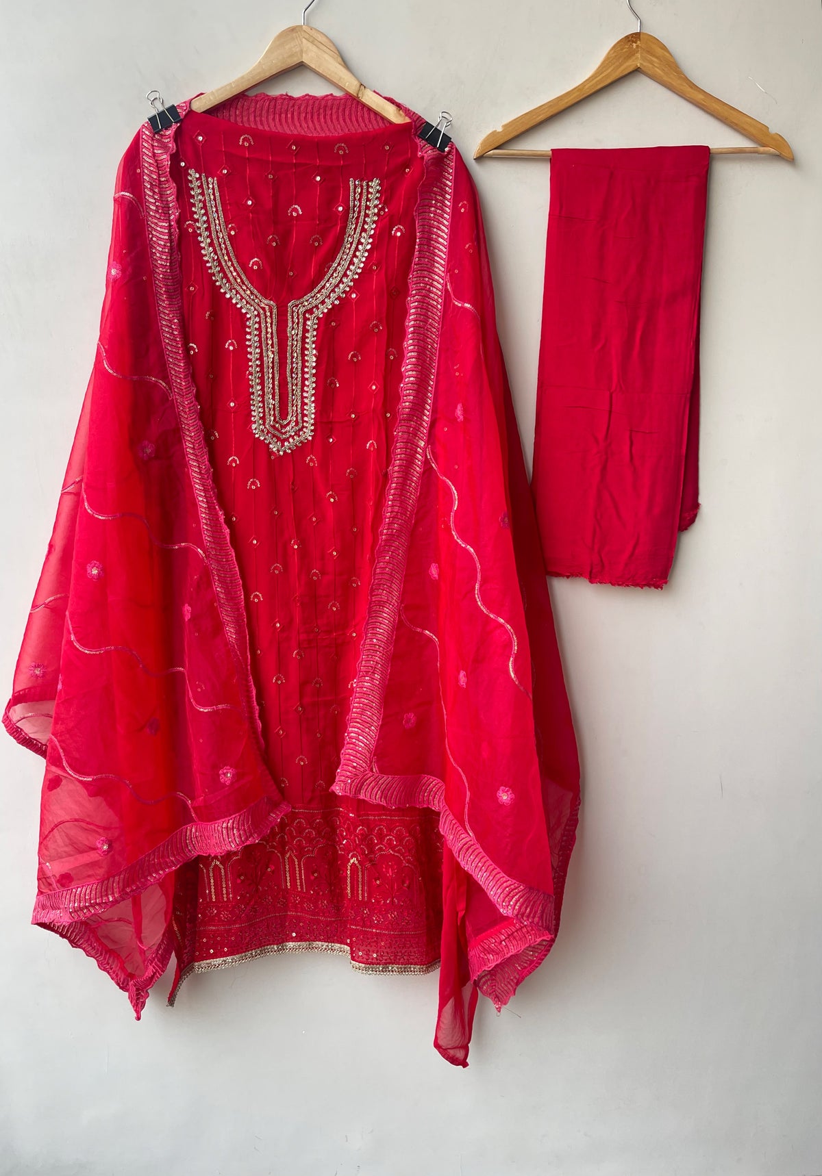 Karwachauth Special Organza Unstitched Suit with Kundan Dabka Work & Scalped Dupatta